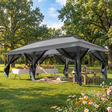 COBIZI 12x20 Pop-up Gazebo Patio Gazebo Outdoor Gazebo Canopy with Mosquito Netting Patio Tent Backyard Canopy with 2-Tiered Vented Top 3 Adjustable Height and 144 Square Ft of Shade, Dark Gray