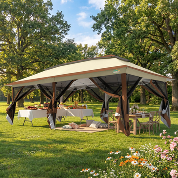 COBIZI 12x20 Pop-up Gazebo Patio Gazebo Outdoor Gazebo Canopy with Mosquito Netting Patio Tent Backyard Canopy with 2-Tiered Vented Top 3 Adjustable Height and 144 Square Ft of Shade, Brown