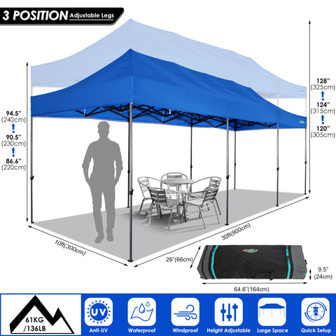 COBIZI 10'x30' Pop-Up-Überdachung, Partyzelt, Outdoor-Event-Sofortpavillon, wasserdichtes, kommerzielles, robustes Vordach für Veranstaltungen mit 8 Seitenwänden und 4 Sandsäcken, Tragetasche mit Rollen, Blau 