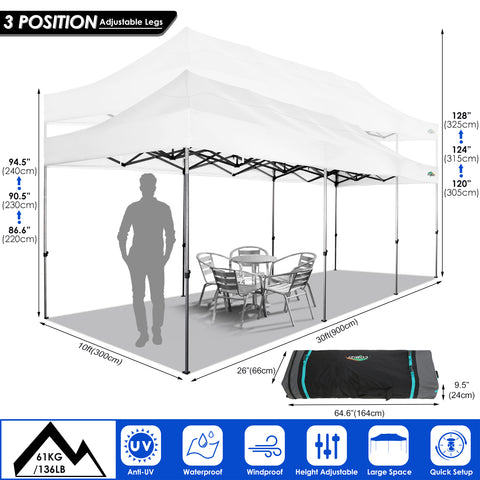 COBIZI 10'x30' Pop-Up-Überdachung, Partyzelt, Outdoor-Event-Sofortpavillon, wasserdichtes, kommerzielles, robustes Vordach für Veranstaltungen mit 8 Seitenwänden und 4 Sandsäcken, Tragetasche mit Rollen, Blau 