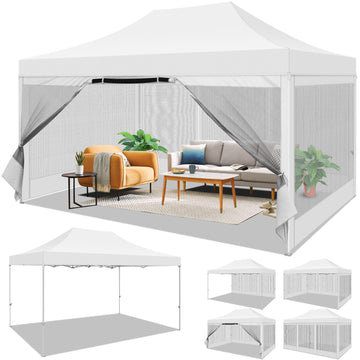 HOTEEL 10x15 Heavy Duty Pop up Canopy, Instant Setup Outdoor Canopy with Mesh Sidewalls, for Patio, Party, Backyard, Camping, White