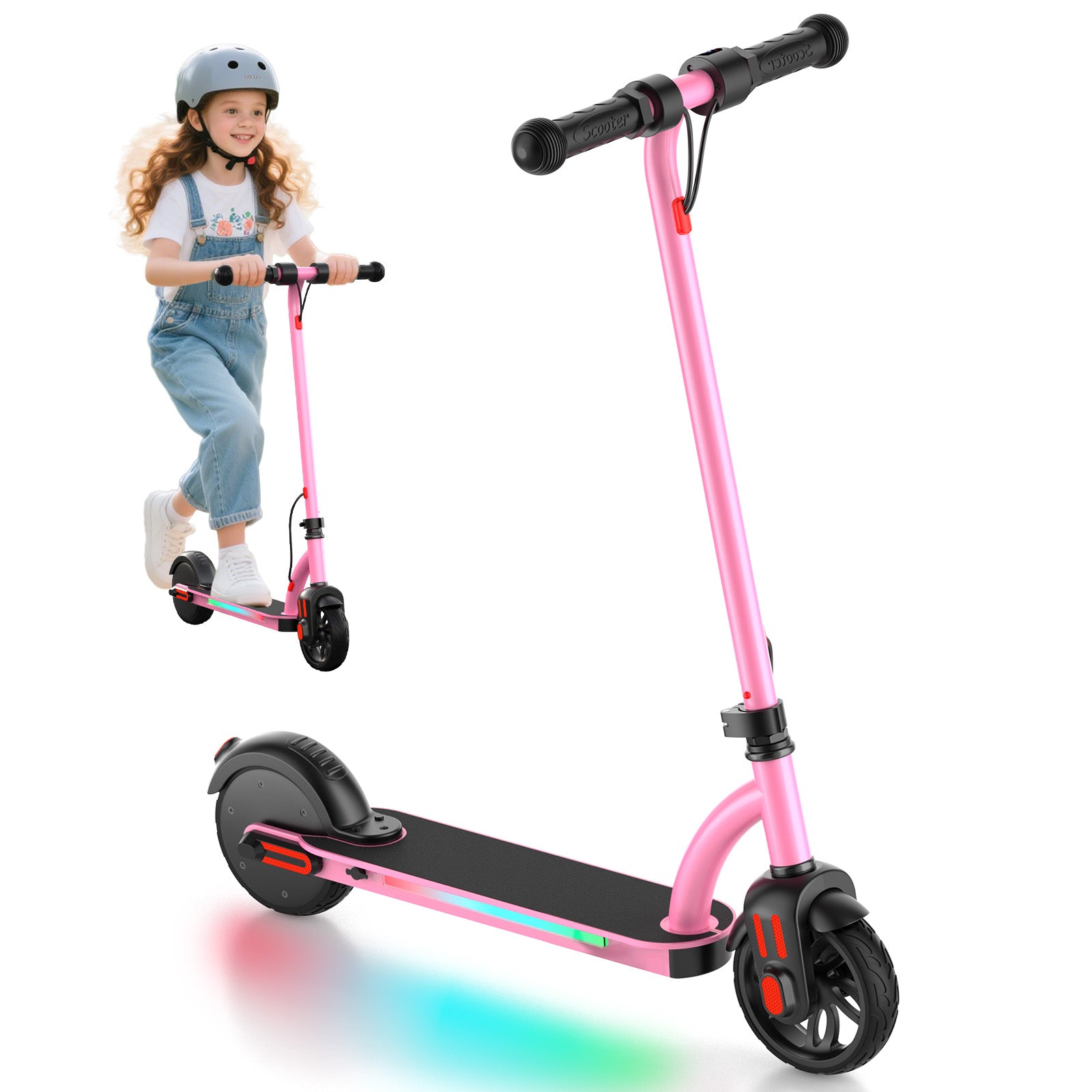 COBIZI Kids Electric Scooter, Ages 6–12, 150W Motor, 10 mph, 80 min Ride Time, Adjustable Speed & Height, Colorful LED Deck Lights, LED Display, Foldable, Pink