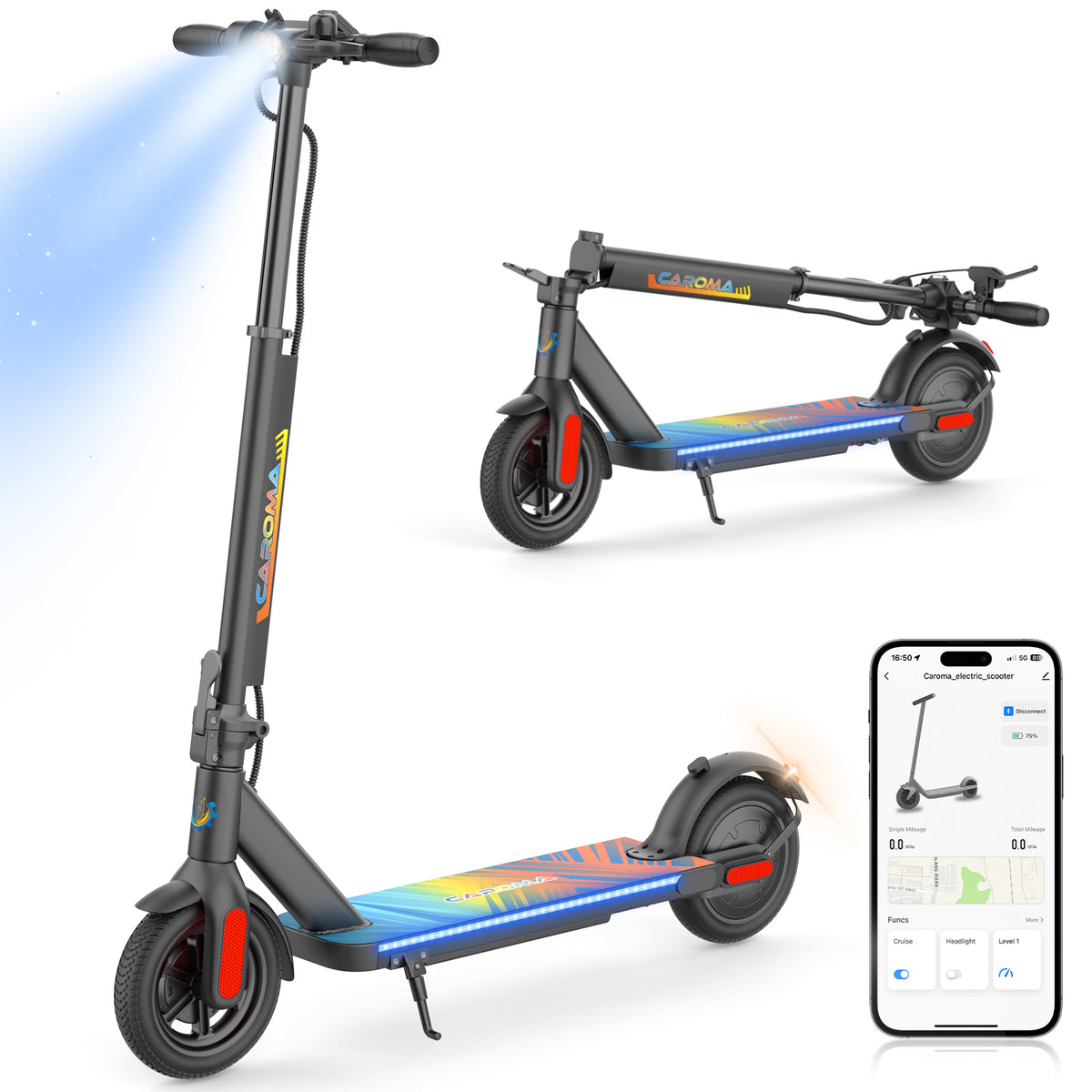 Caroma Electric Scooter, 500W Motor, 25 Miles Range & 20Mph, Foldable Commuting E Scooter with Cruise Control, Dual Braking System & Shock Absorption