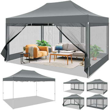 COBIZI 10x15 Heavy Duty Pop up Canopy with Mosquito Net,Instant Outdoor Shelter Large Canopy Tent for Outside,Gazebo with Mesh Sidewalls for Party,Backyard,Camping,Gray