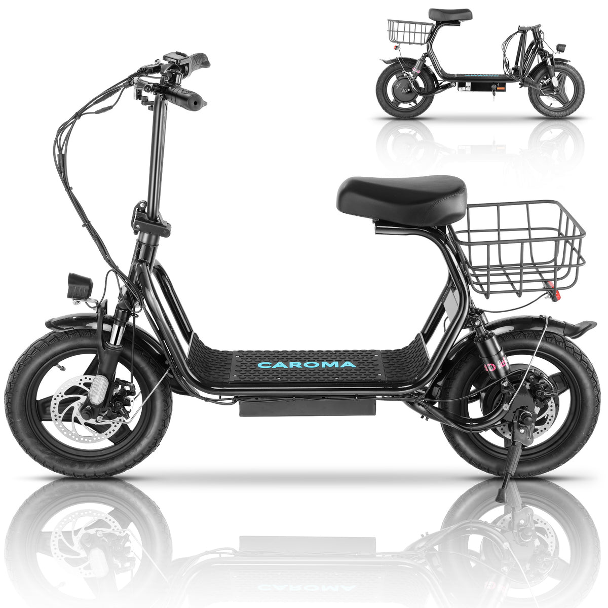 Caroma Peak 819W Electric Scooter for Adults, 14" Tire, 375Wh Battery, 25 Miles Range, 20MPH Top Speed, Foldable Electric Scooter with Seat & Basket for Commuting, Shock Absorbing Ebike for Adults