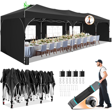 COBIZI 10x30 Pop up Canopy Gazebo with Sidewalls Easy up Party Tent UPF 50+ Waterproof Canopy for Outside Sun Shelter for Party Event Commercial Market with Roller Bag Air Vent Sandbags,Black