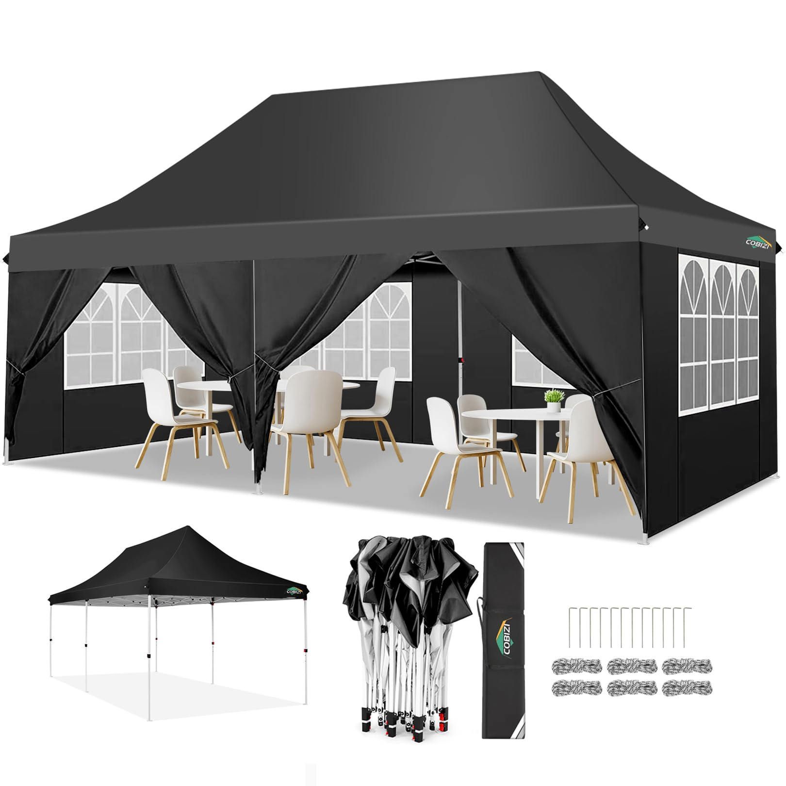 COBIZI 10'x20' Pop up Canopy Tent with 6 Removable Sidewalls, Instant Outdoor Canopy Shelter with Upgrade Raised Roof and Carry Bag,Black