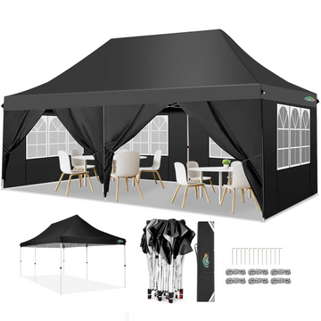 COBIZI 10'x20' Pop up Canopy Tent with 6 Removable Sidewalls, Instant Outdoor Canopy Shelter with Upgrade Raised Roof and Carry Bag,Black