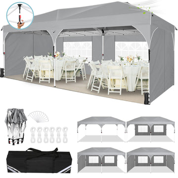 COBIZI 10x20 Pop Up Canopy Tent with 4 Sidewalls, One-Push Center Lock, UPF 50+ Waterproof Easy Up Gazebo,Outdoor Sun Shelter with Air Vent&Sandbags for Party, Event, Commercial Market,Gray