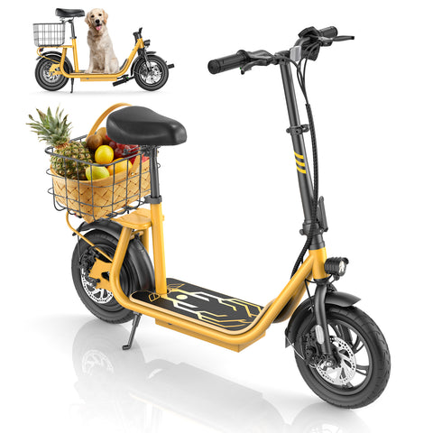 Electric Scooters with Seat for Adults, 350W(Peak 560W) Motor, 12 Miles Long Range, 20 MPH Top Speed, Foldable E Bike for Commuting with Basket,Yellow