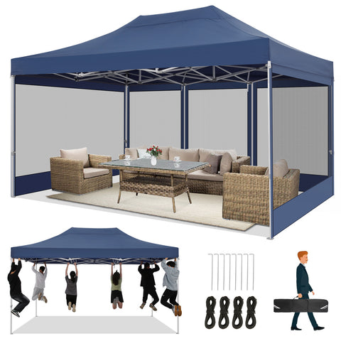 COBIZI Canopy Tent 10x15 Heavy Duty,Pop Up Canopy Gazebo with Netting Screened ,Waterproof Ez up Canopy with Sidewalls,Outdoor Instant Party Tent for Backyard,Wedding, Birthday,BBQ,Dark Blue