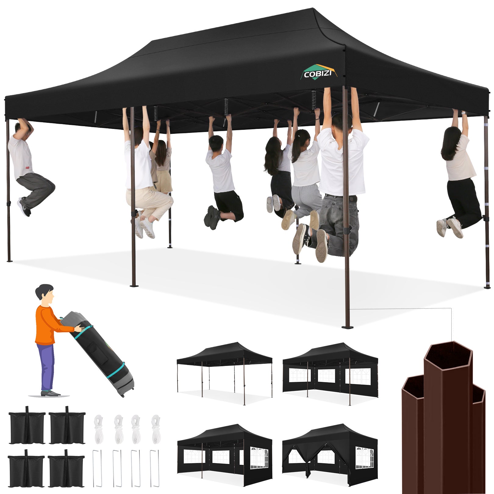 COBIZI 10x20 Pop Up Canopy Tent Heavy Duty with 6 Removable Sidewalls, Commercial Heavy Duty Pop Up Tent for Parties All Weather Waterproof and UV 50+ Wedding Tent with Roller Bag(Black)