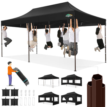 COBIZI 10x20 Pop Up Canopy Tent Heavy Duty with 6 Removable Sidewalls, Commercial Heavy Duty Pop Up Tent for Parties All Weather Waterproof and UV 50+ Wedding Tent with Roller Bag(Black)