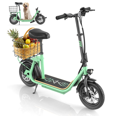 Electric Scooters with Seat for Adults, 350W(Peak 560W) Motor, 12 Miles Long Range, 20 MPH Top Speed, Foldable E Bike for Commuting with Basket,Yellow