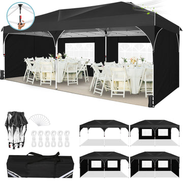 COBIZI 10x20 Pop Up Canopy Tent with 4 Sidewalls, One-Push Center Lock, UPF 50+ Waterproof Easy Up Gazebo,Outdoor Sun Shelter with Air Vent&Sandbags for Party, Event, Commercial Market,Black
