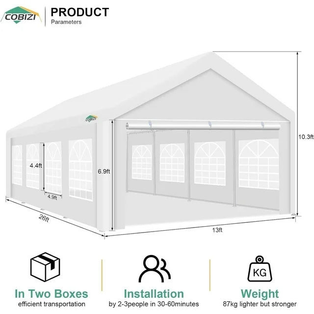 COBIZI 13x26 Heavy Duty Canopy Tent, Party Wedding Tent with Removable Sidewalls, 100% Waterproof