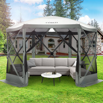 COBIZI 12'x12' 6 Sided Portable Screen House Room, Easy Pop-up Gazebo Outdoor Camping Tent with Carry Bag, Waterproof, UV Resistant, Attached Wind Panels, 8-10 Person & Table, Gray