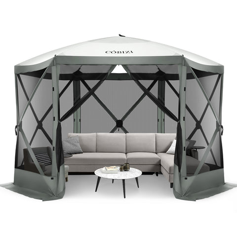 COBIZI 12'x12' 6 Sided Portable Screen House Room, Easy Pop-up Gazebo Outdoor Camping Tent with Carry Bag, Waterproof, UV Resistant, Attached Wind Panels, 8-10 Person & Table, Gray