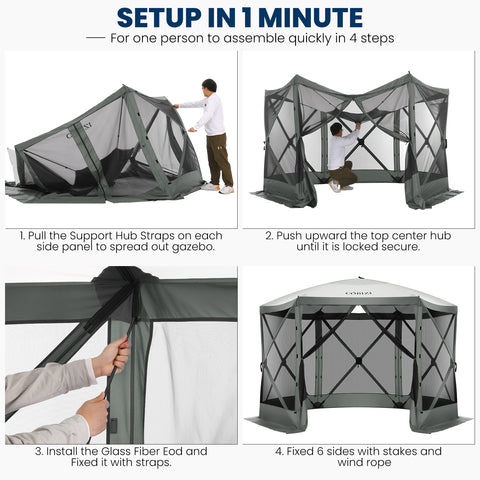 COBIZI 12'x12' 6 Sided Portable Screen House Room, Easy Pop-up Gazebo Outdoor Camping Tent with Carry Bag, Waterproof, UV Resistant, Attached Wind Panels, 8-10 Person & Table, Gray