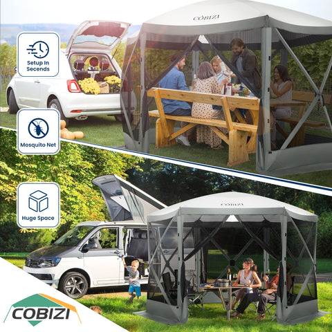 COBIZI 12'x12' Pop-up Gazebo Outdoor Camping Tent with 6 Sides Mosquito Netting, Waterproof, UV Resistant, Portable Screen House Room, Easy Set-up Party Tent with Carry bag, Ground Spike, Blue
