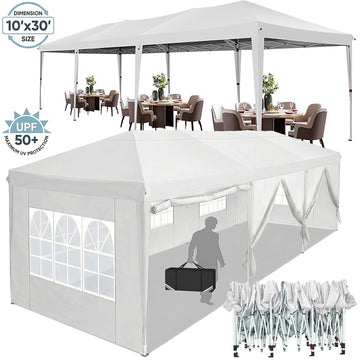 HOTTEL 10x30 Pop Up Canopy Party Tent with 8 Sidewalls-Waterproof UPF 50+ Outdoor Wedding Event Tent with Sand Bags&Carry Bags,Pure White