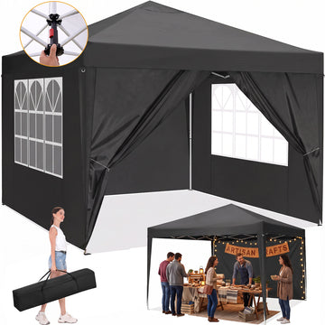 COBIZI 10x10 Pop up Canopy with Sidewalls Waterproof Outdoor Canopy Gazebo Anti-UV Instant Foldable Canopy Tent for Party with Carry Bag,White