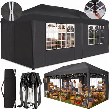 COBIZI 10x20 Pop Up Canopy Tent with 1-Push Center Lock, Easy Up Canopy Tent with 6 Removable Sidewalls, Instant Outdoor Party Tent for Events,Black