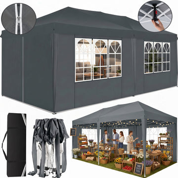 COBIZI 10x20 Pop Up Canopy Tent with 1-Push Center Lock, Easy Up Canopy Tent with 6 Removable Sidewalls, Instant Outdoor Party Tent for Events,Gray