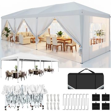 COBIZI 10x30 Pop Up Canopy Party Tent with8Sidewalls-Waterproof UPF 50+ Outdoor Wedding Event Tent with Sand Bags&Carry Bags,White