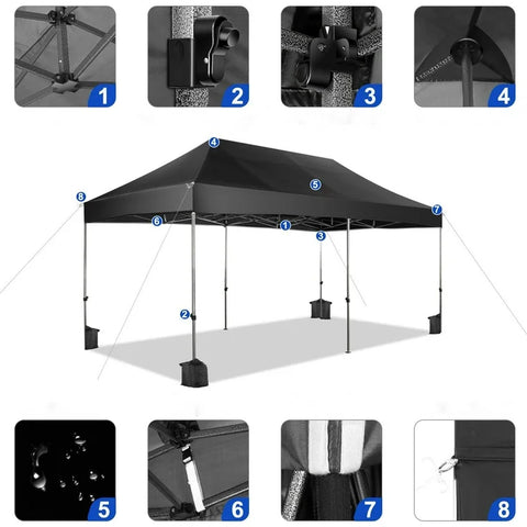 COBIZI 10x20 Heavy Duty Pop up Canopy Tent with 6 sidewalls Easy Up Commercial Outdoor Canopy Wedding Party Tents for Parties All Season Wind & Waterproof Gazebo with Roller Bag,Black(Frame Thickened)