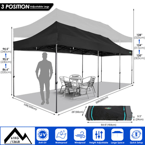 COBIZI 10'x30' Pop-Up-Überdachung, Partyzelt, Outdoor-Event-Sofortpavillon, wasserdichtes, kommerzielles, robustes Vordach für Veranstaltungen mit 8 Seitenwänden und 4 Sandsäcken, Tragetasche mit Rollen, Blau 