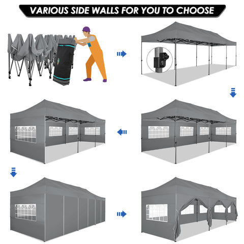 COBIZI 10'x30' Pop-Up-Überdachung, Partyzelt, Outdoor-Event-Sofortpavillon, wasserdichtes, kommerzielles, robustes Vordach für Veranstaltungen mit 8 Seitenwänden und 4 Sandsäcken, Tragetasche mit Rollen, Blau 