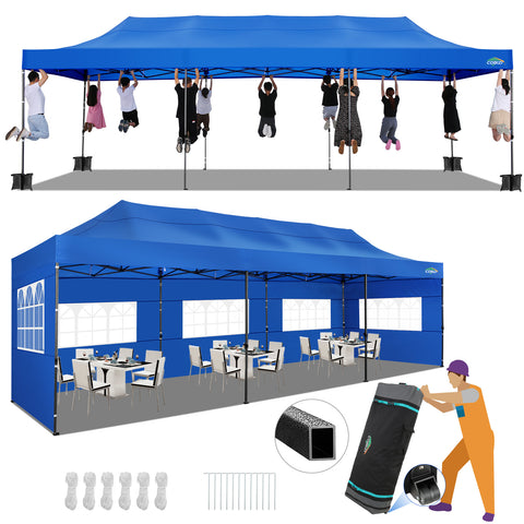 COBIZI 10'x30' Pop-Up-Überdachung, Partyzelt, Outdoor-Event-Sofortpavillon, wasserdichtes, kommerzielles, robustes Vordach für Veranstaltungen mit 8 Seitenwänden und 4 Sandsäcken, Tragetasche mit Rollen, Blau 