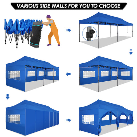 COBIZI 10'x30' Pop-Up-Überdachung, Partyzelt, Outdoor-Event-Sofortpavillon, wasserdichtes, kommerzielles, robustes Vordach für Veranstaltungen mit 8 Seitenwänden und 4 Sandsäcken, Tragetasche mit Rollen, Blau 