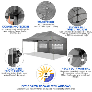 COBIZI 10x20 Heavy Duty Pop up Canopy Tent with 6 sidewalls Easy Up Commercial Outdoor Canopy Wedding Party Tents for Parties All Season Wind & Waterproof Gazebo with Roller Bag