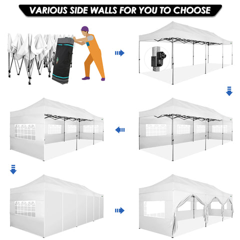 COBIZI 10'x30' Pop-Up-Überdachung, Partyzelt, Outdoor-Event-Sofortpavillon, wasserdichtes, kommerzielles, robustes Vordach für Veranstaltungen mit 8 Seitenwänden und 4 Sandsäcken, Tragetasche mit Rollen, Blau 