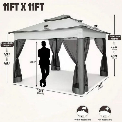 YUEBO Outdoor Canopy Gazebo 11x11 Pop Up Gazebo Patio Gazebo with 4 Mosquito Netting Outdoor Canopy Shelter with 121 Square Feet of Shade for Outdoor Lawn, Party, Garden, Backyard and Deck, Khaki