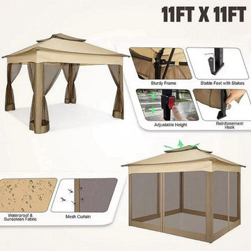 YUEBO Outdoor Canopy Gazebo 11x11 Pop Up Gazebo Patio Gazebo with 4 Mosquito Netting Outdoor Canopy Shelter with 121 Square Feet of Shade for Outdoor Lawn, Party, Garden, Backyard and Deck, Khaki