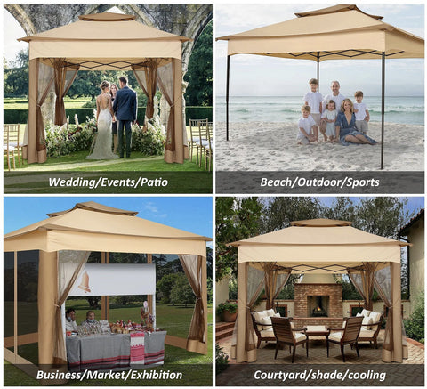 YUEBO Outdoor Canopy Gazebo 11x11 Pop Up Gazebo Patio Gazebo with 4 Mosquito Netting Outdoor Canopy Shelter with 121 Square Feet of Shade for Outdoor Lawn, Party, Garden, Backyard and Deck, Khaki
