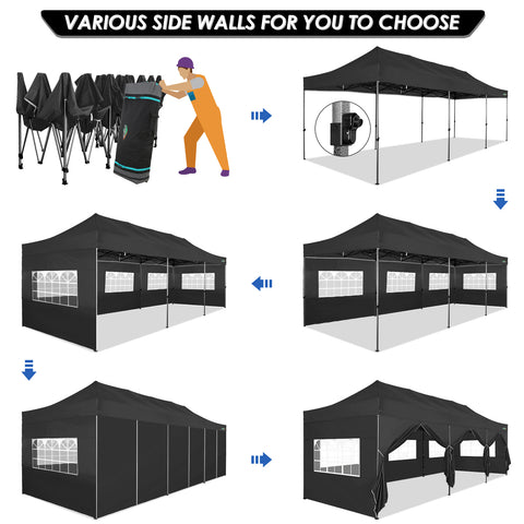 COBIZI 10'x30' Pop-Up-Überdachung, Partyzelt, Outdoor-Event-Sofortpavillon, wasserdichtes, kommerzielles, robustes Vordach für Veranstaltungen mit 8 Seitenwänden und 4 Sandsäcken, Tragetasche mit Rollen, Blau 