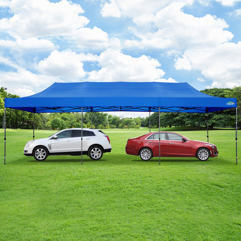 COBIZI 10'x30' Pop-Up-Überdachung, Partyzelt, Outdoor-Event-Sofortpavillon, wasserdichtes, kommerzielles, robustes Vordach für Veranstaltungen mit 8 Seitenwänden und 4 Sandsäcken, Tragetasche mit Rollen, Blau 