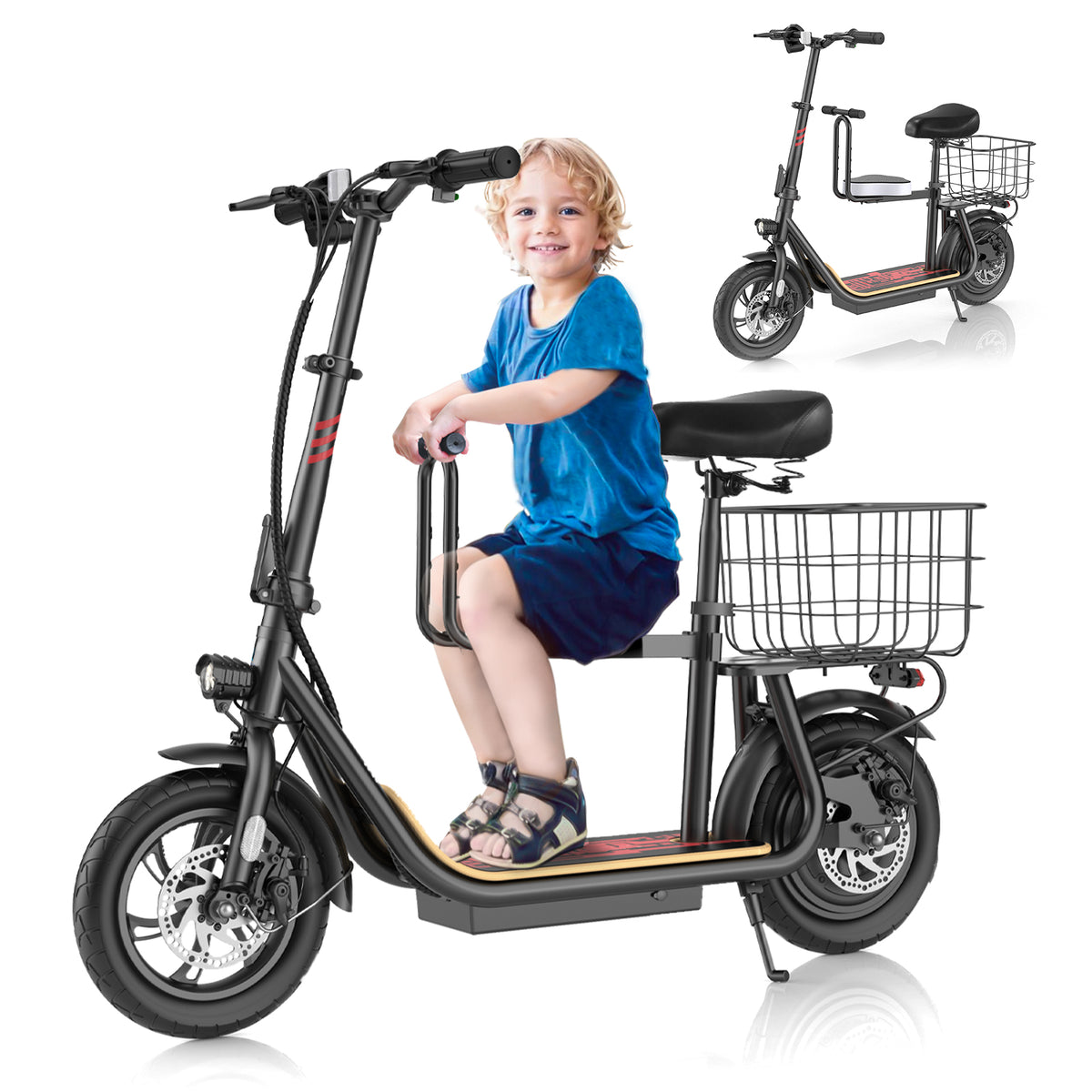 COBIZI Electric Scooter for Adults, Detachable Child Bike Seat, 20MPH&20 Miles Max Range, 500W Motor,12 inch Commuter E Scooter with Seat, White
