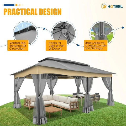 COBIZI 12x20 Outdoor Gazebo with Mosquito Netting Large Backyard Gazebo Tents for Patio, Deck, Party, Backyard with Double Roof Soft Top Screen Gazebo with Metal Steel Frame for Outside, Gray