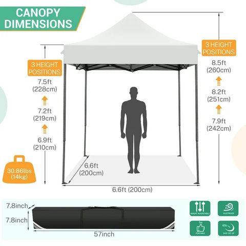 COBIZI 6.5x6.5ft Pop Up Canopy Tent,Heavy Duty Canopy Ez Up All Weather Waterproof Outdoor Canopy Tent for Parties,Beach,Garden,Camping with 1 Handbag,3 Adjustable Heights,UPF50+,White