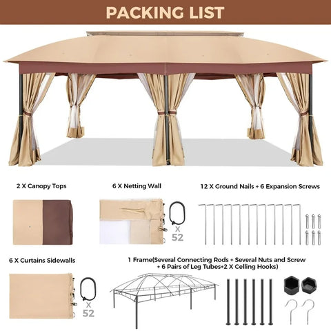 COBIZI Heavy Duty 12x20 Metal Patio Gazebo Outdoor Gazebo Canopy Tent with 6 Mosquito Netting and Curtains Gazebos Shelter 100% Waterproof with Double Roof for Party, Backyard, Deck, Garden, Khaki