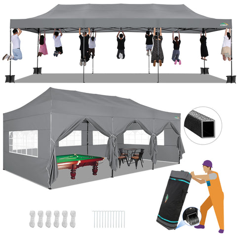 COBIZI 10'x30' Pop-Up-Überdachung, Partyzelt, Outdoor-Event-Sofortpavillon, wasserdichtes, kommerzielles, robustes Vordach für Veranstaltungen mit 8 Seitenwänden und 4 Sandsäcken, Tragetasche mit Rollen, Blau 