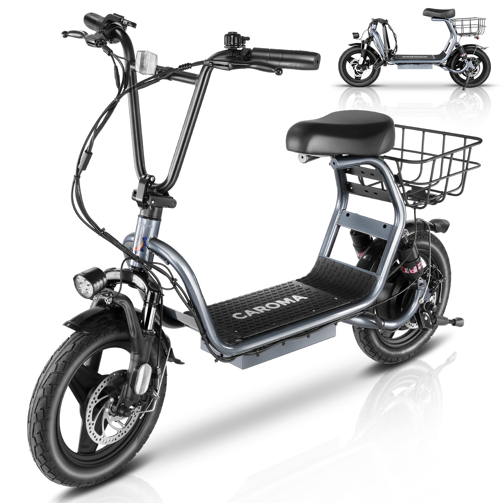 Caroma Peak 819W Electric Scooter for Adults, 14" Tire, 375Wh Battery, 25 Miles Range, 20MPH Top Speed, Foldable Electric Scooter with Seat & Basket for Commuting, Shock Absorbing Ebike for Adults