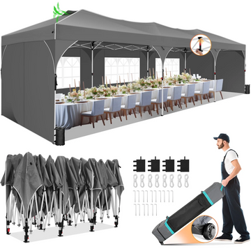COBIZI 10x30 Pop up Canopy Gazebo with Sidewalls Easy up Party Tent UPF 50+ Waterproof Canopy for Outside Sun Shelter for Party Event Commercial Market with Roller Bag Air Vent Sandbags,Gray