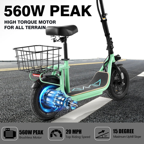 Electric Scooters with Seat for Adults, 350W(Peak 560W) Motor, 12 Miles Long Range, 20 MPH Top Speed, Foldable E Bike for Commuting with Basket,Yellow