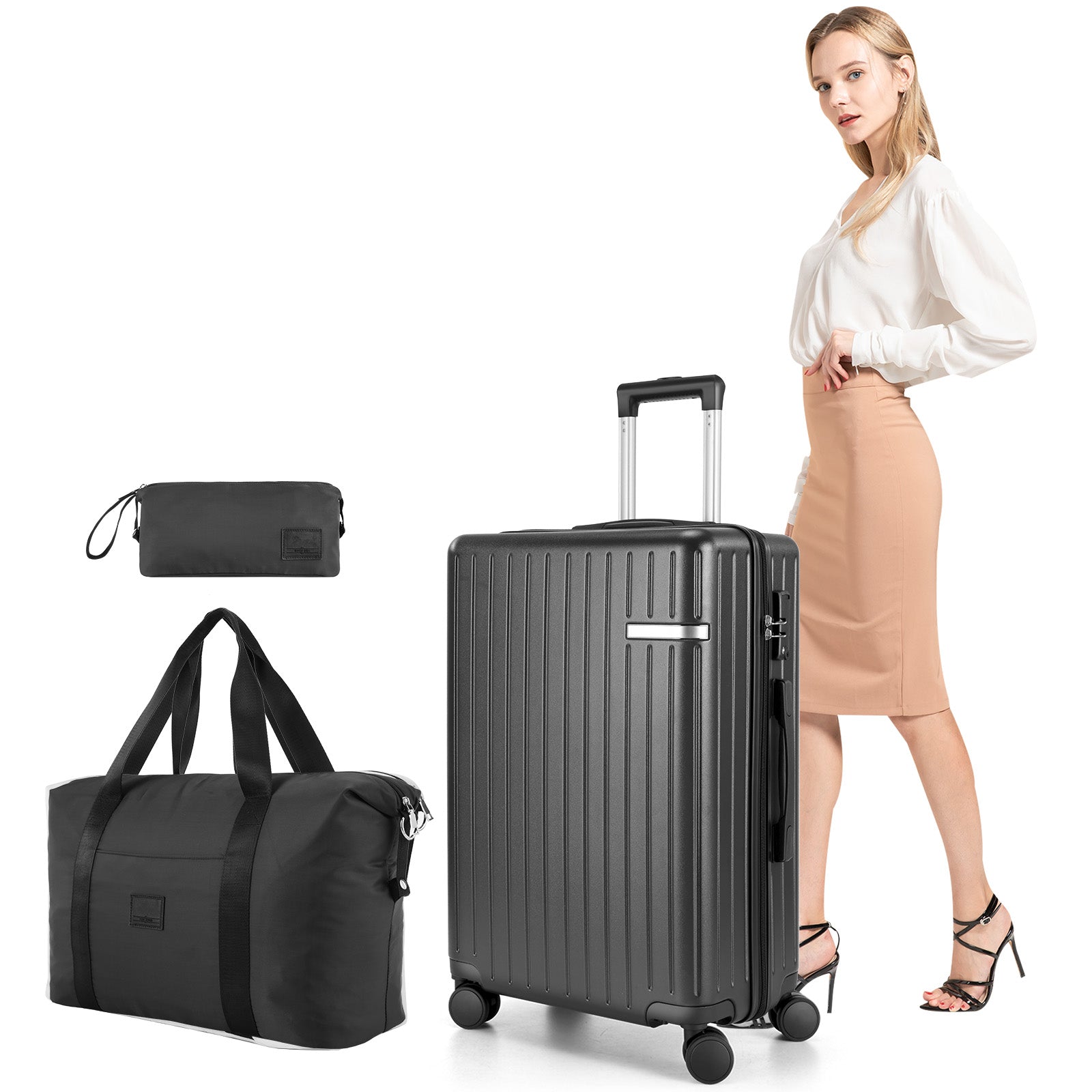 COBIZI Carry On Luggage Sets 3 Piece Suitcases With Wheels，Carry On Luggage Airline Approved With TSA Lock For Luggage，Lightweight Carry On Suitcase With Expandable Duffle Bag For Travel，Black